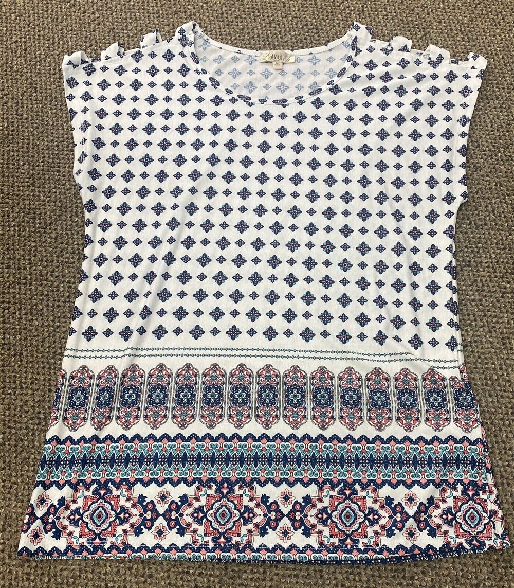 Lavish Women’s Off-White Multicolored Designs Short Sleeve Boho Top Size Medium